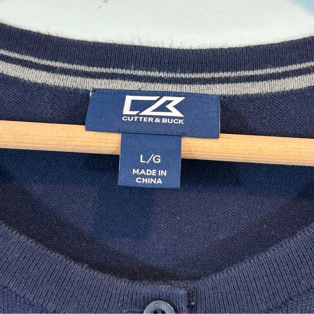 Cutter & Buck Navy Blue Cardigan LPGA Gray Cuffs Women’s Preppy Golf Activewear